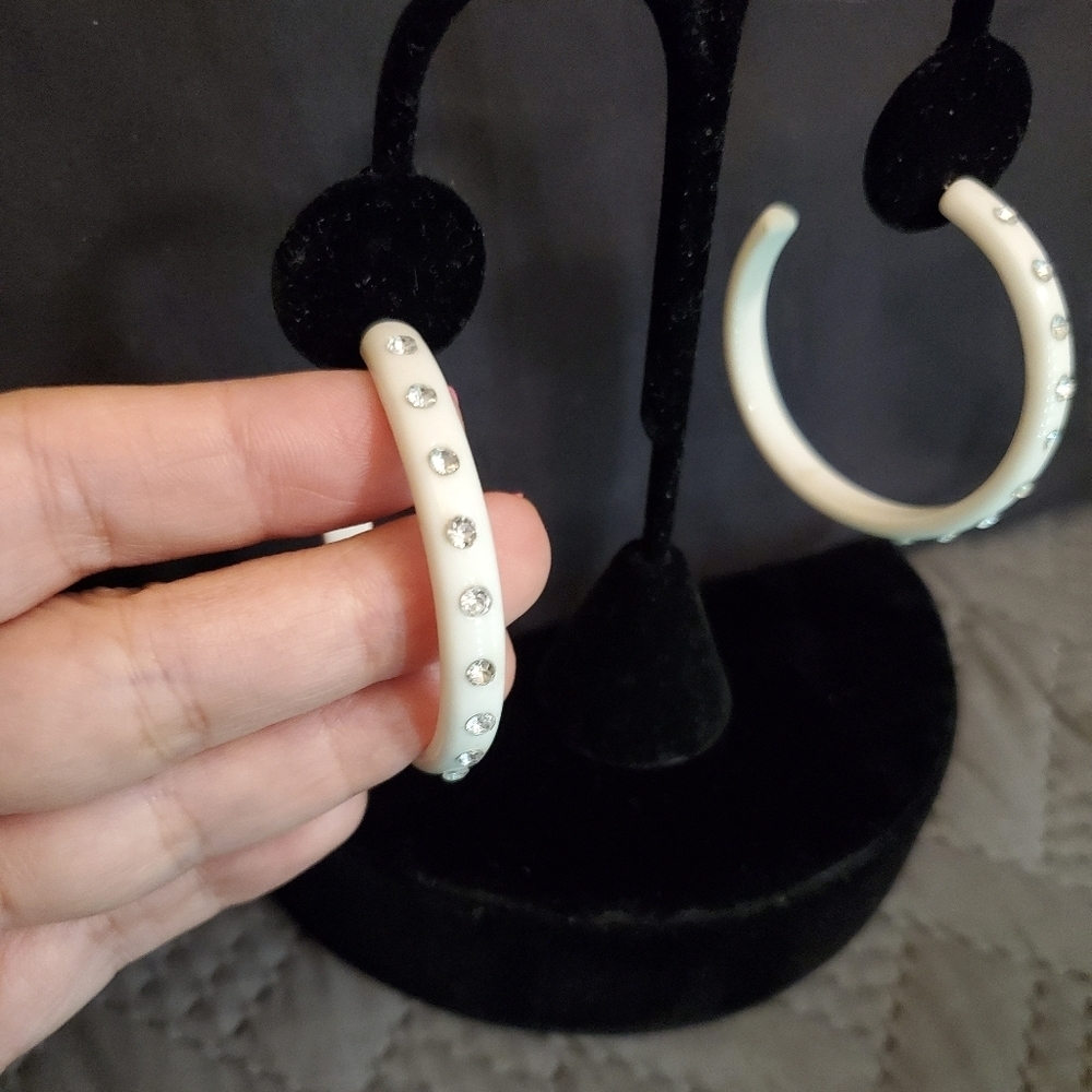 White & Rhinestone Hoop Earrings - Picture 4 of 8